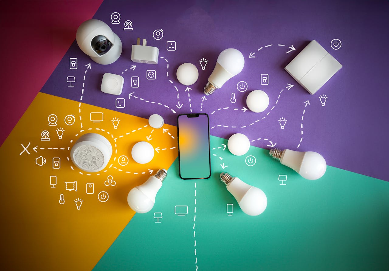 contact-img Flat lay of smart home devices and smartphone showcasing automation and connectivity.